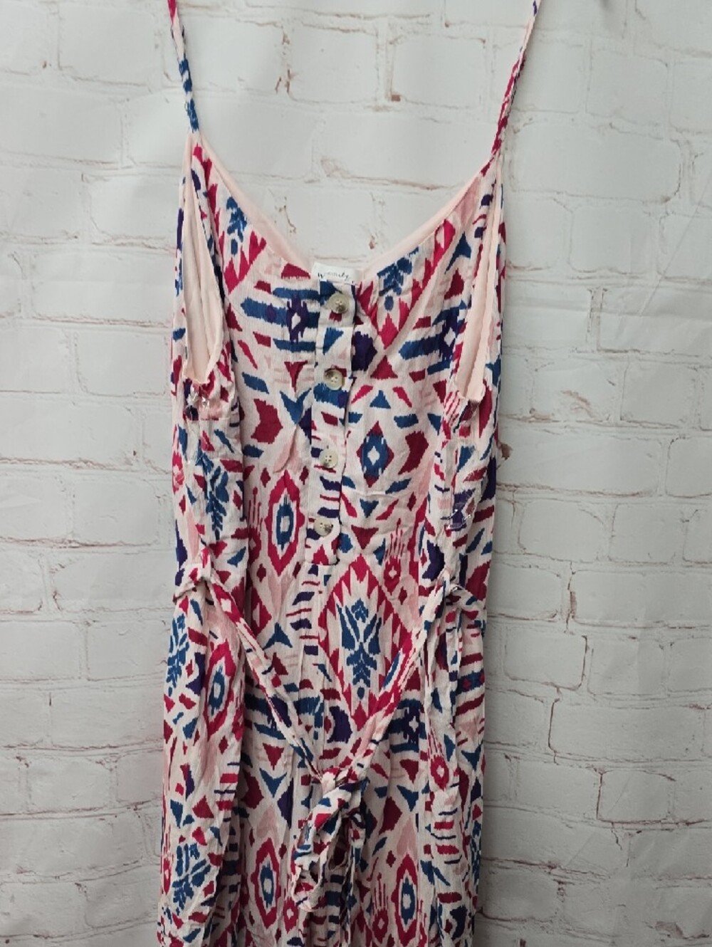 Emily Wonder Spaghetti Strap Jumpsuit Pink & Blue Geometric Print W Belt Size 2x - Picture 12 of 16